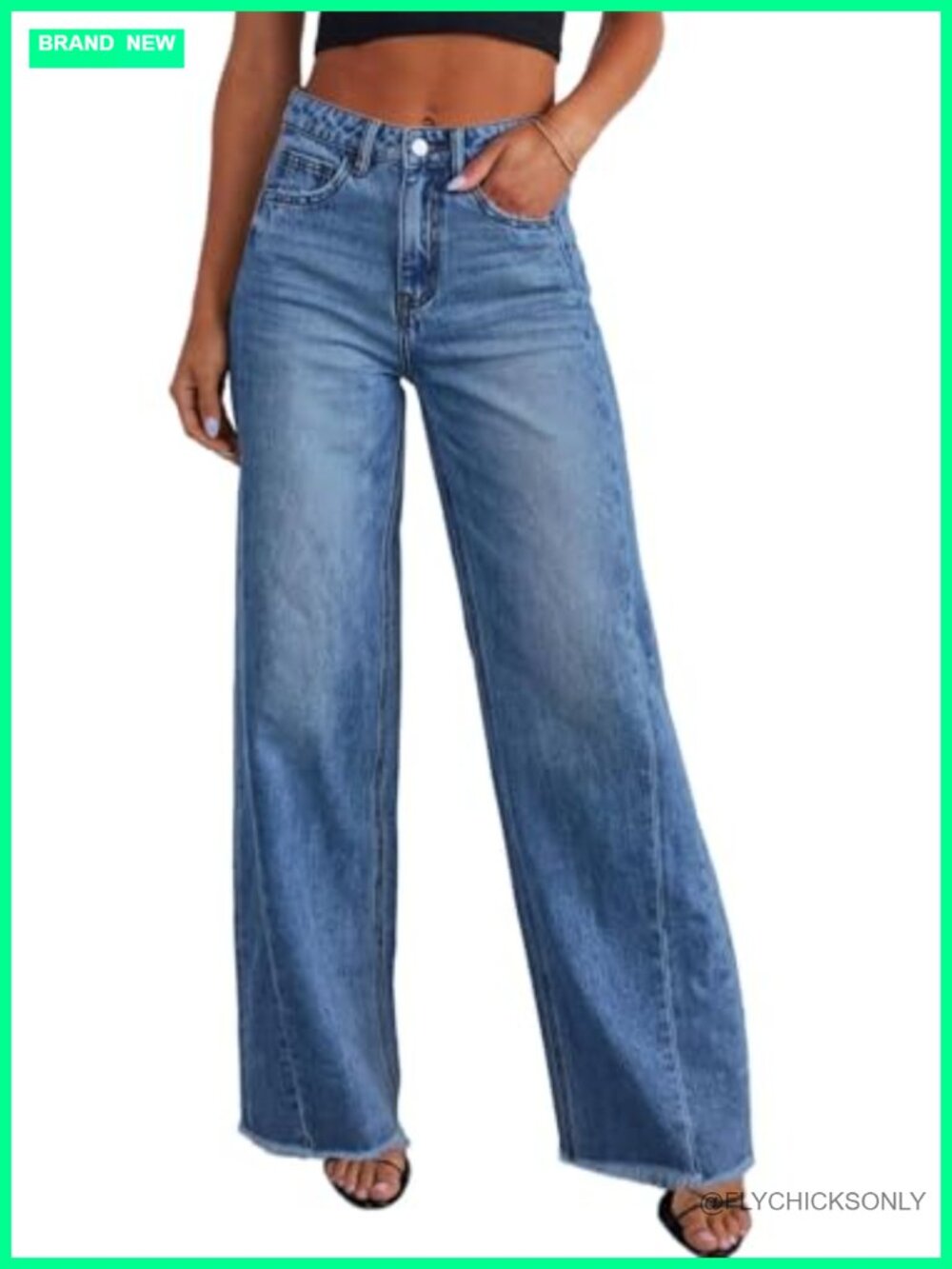 High Waisted Wide Leg Jeans Raw Hem Stretchy Denim Pants